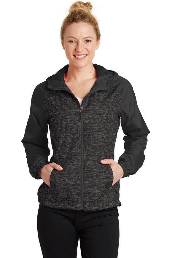 VA Sport-Tek® Ladies Heather Colorblock Raglan Hooded Wind Jacket